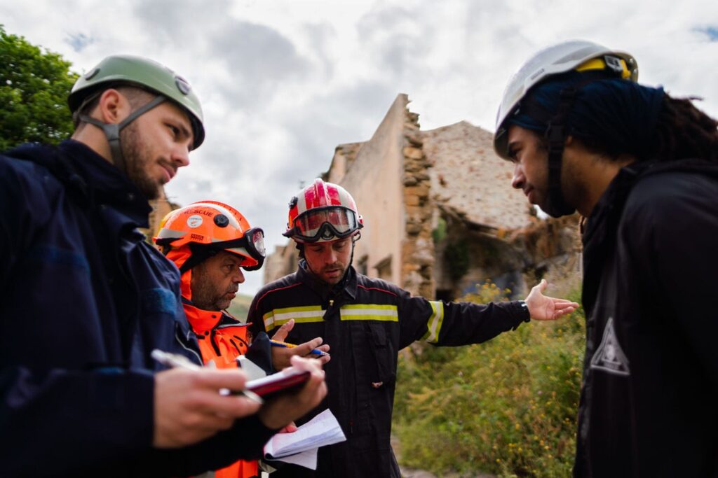 group of engineers talking outside