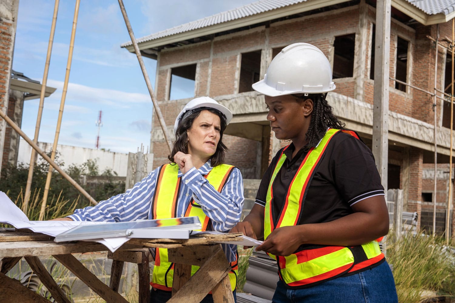 women reviewing plans on a residential construction site